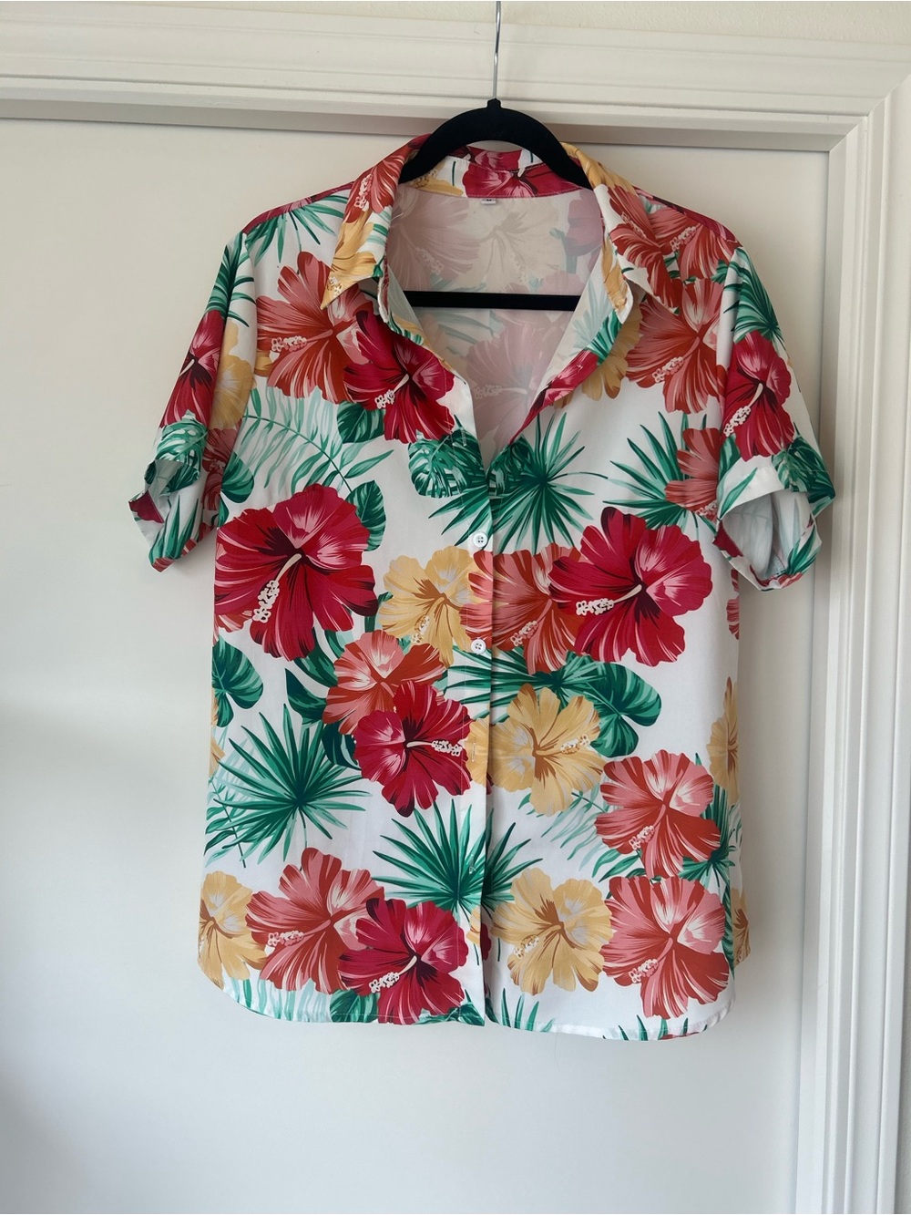 Hawaiian Floral Button-Down Shirt - White with Red & Yellow Hibiscus